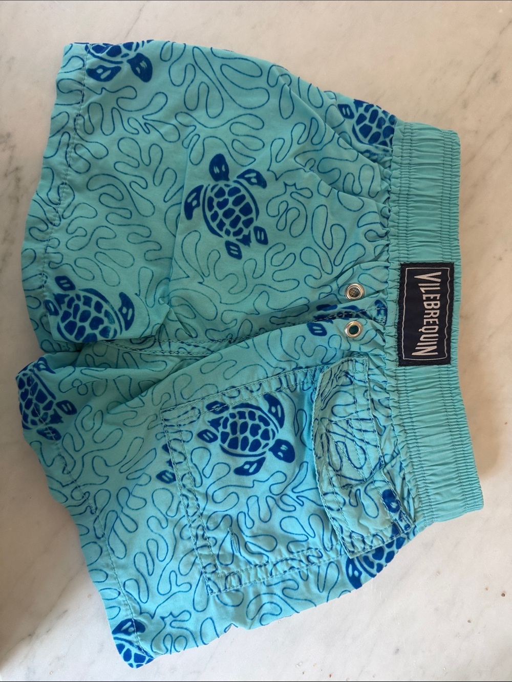 Vilebrequin Turquoise and Navy Turtle Print Swim Shorts